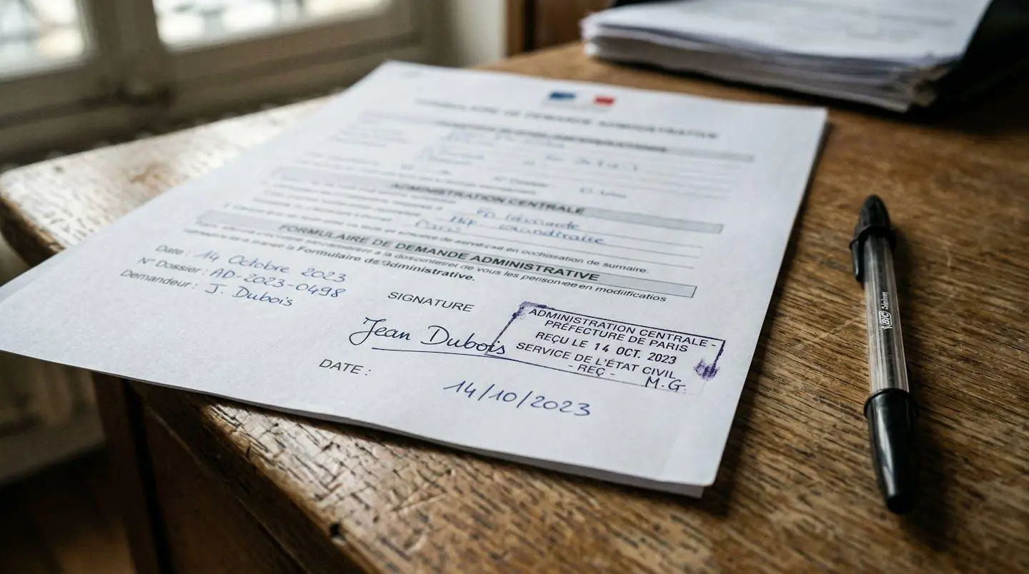 Document administratif avec tampon officiel et signature manuscrite sur un bureau, stylo posé à côté