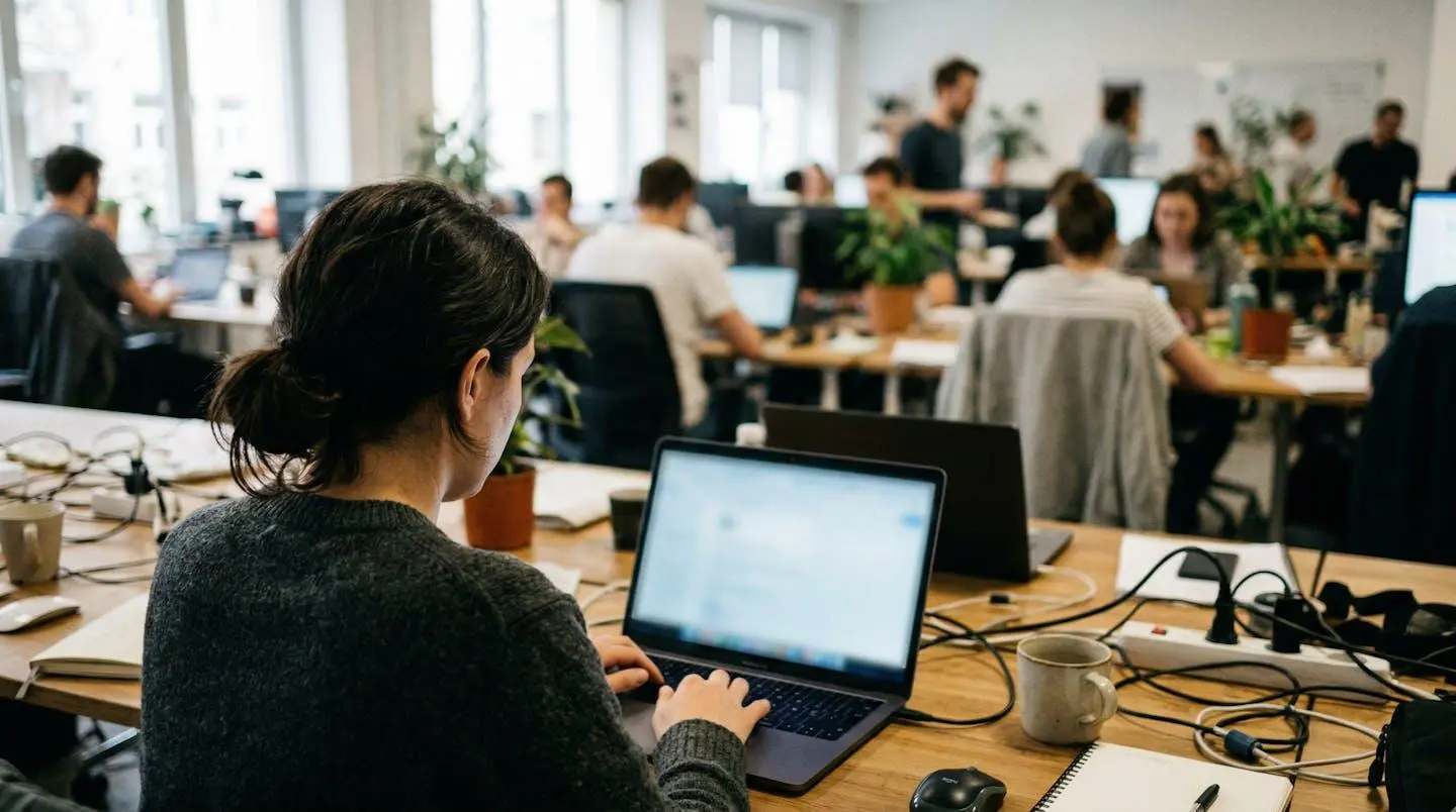 Personne vue de trois-quarts consultant un ordinateur portable dans un open space, silhouettes floues de collègues en arrière-plan