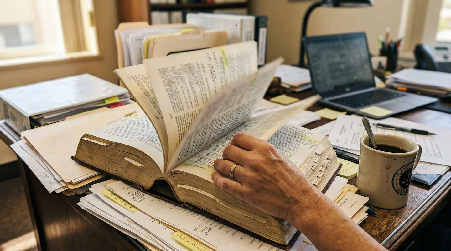 Deux mains feuilletant un livre épais sur un bureau encombré de papiers, tasse de café visible sur le côté