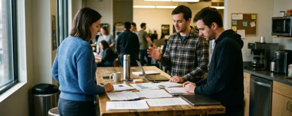 Trois collègues debout autour d'une table haute dans une salle de pause, documents étalés entre eux, discussion animée