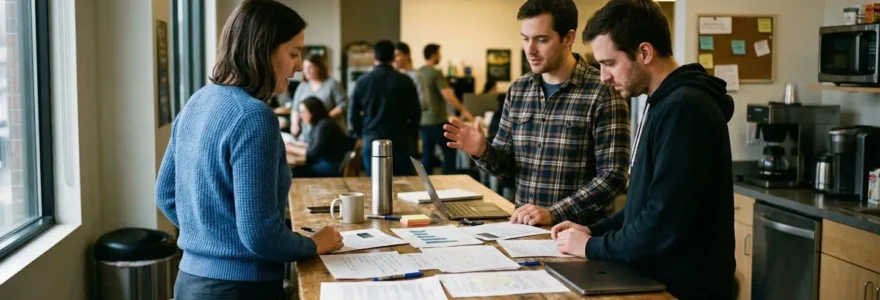Trois collègues debout autour d'une table haute dans une salle de pause, documents étalés entre eux, discussion animée